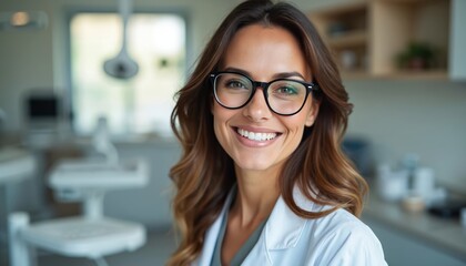 Fototapeta premium Smiling dentist wearing glasses in clinic. Professional woman with white lab coat ready for patient. Attractive female doctor with healthy teeth looks friendly and competent.