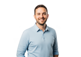 Smiling caucasian man with short brown hair and beard wearing a light blue polo shirt isolated on transparent background