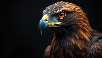 Fototapeta premium Detailed close up portrait of majestic bird of prey. Powerful animal features sharp beak, intense orange eye. Proud wild look shows alertness. Brown, gold feathers stand out against dark background.