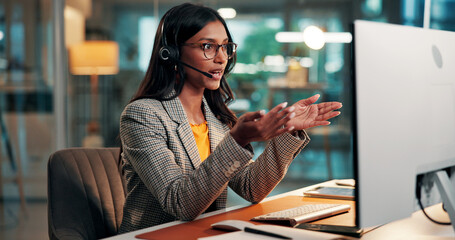 Computer, call center and business woman in office with banking advice, loan inquiry or solution. Desktop, headset and agent talk to customer for financial feedback, help desk or account assistance