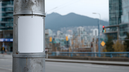 Street-level perspective of cylindrical pole with blank poster, overcast sky, distant skyscrapers slightly hazy, realistic textures on pole and poster edges
