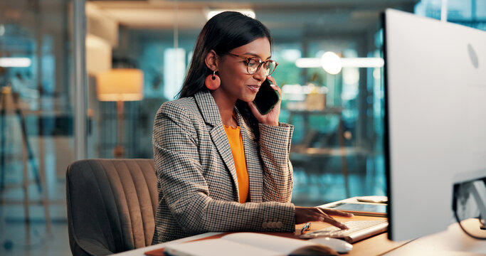 Business woman, smile and phone call with computer for chat, typing or contact source for story. Mobile, journalist and person in office with tech for communication, article publication and news - Powered by Adobe
