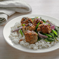 Homemade Beef Meatballs with Rice and Leafy Greens