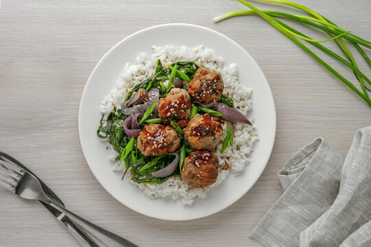 Teriyaki Meatballs with Steamed Rice and Onion