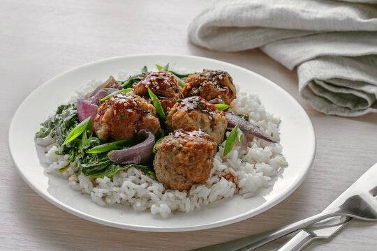 Glazed Pork Meatballs over Steamed Rice with Red Onion