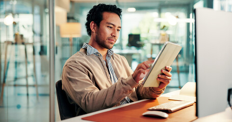Fototapeta premium Creative, research and man with tablet, office or planning for article on web, scroll and journalism. Online, editing and person with tech for story, journalist and preparing for magazine publication