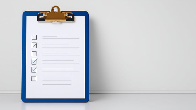 Clipboard with empty checklist angled slightly, metallic clip gleaming under soft white light, isolated on pure white background for modern stationery presentation