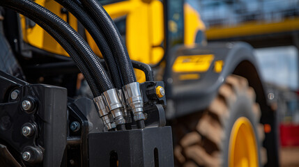 Fototapeta premium Hydraulic hoses winding around yellow loader arm, close-up of fittings, nuts, and pins, capturing industrial textures and engineering details