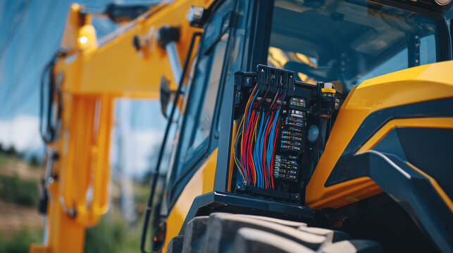Yellow heavy equipment arm with neatly organized hydraulic hoses, close-up view emphasizing mechanical precision and industrial strength - Powered by Adobe