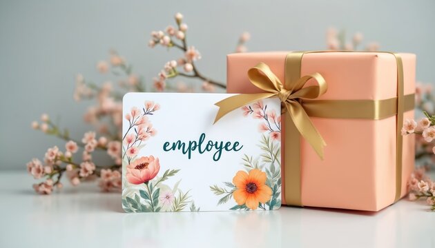 Soft peach gift box with shiny gold ribbon sits beside floral card. Elegant card reads employee. Thoughtful present gratitude, recognition, appreciation for valued staff member in corporate setting.