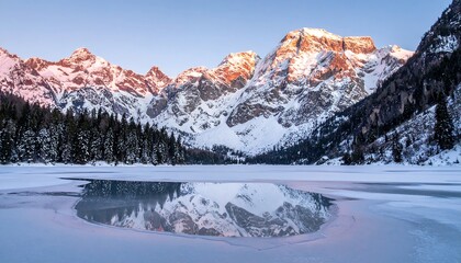 Winter scene snowy mountains mirrored in icy lake, evergreens at the base, orange glow on peaks, clear sky above