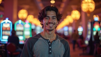 Obraz premium Young man smiles confidently in vibrant casino setting. Wears casual attire amidst flashing slot machines, illuminated displays. Atmosphere suggests excitement, potential winnings, capturing moment