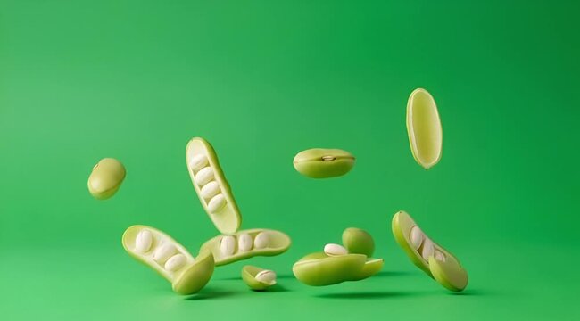 Fresh green beans and open pods with white seeds floating in mid-air against a vibrant green background