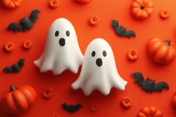 Obraz premium Halloween ghosts, pumpkins, and bats on a festive orange background