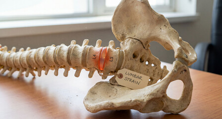 Anatomical model of human spine showing lumbar vertebrae L4 L5 with highlighted injury and 'lumbar strain' tag for medical education concept and back pain awareness