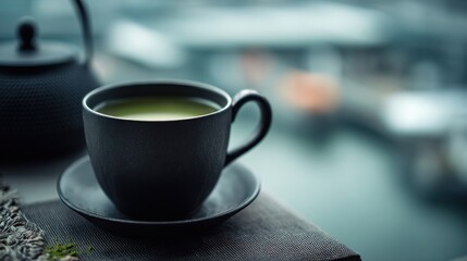Fototapeta premium Fresh green matcha tea sits in dark ceramic cup on wooden tray with soft blurred distant background