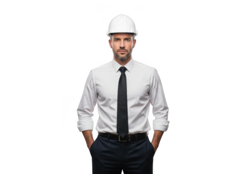 Professional male architect wearing a white hard hat and white dress shirt with a black tie standing confidently isolated on transparent background - Powered by Adobe