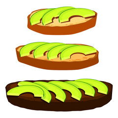 A set of three toasts with different bread and slices of avocado