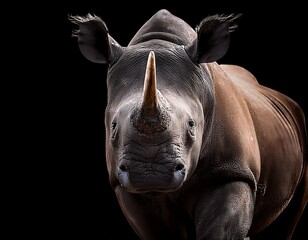 Close-up Portrait of a Powerful Black Rhinoceros on a Black Background Showing Detail in its Textured Skin and Horn.
