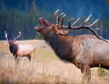 Elk Bull Bugling in a Meadow at Dusk, a Call of the Wild: Antlers Gleaming Under the Fading Light