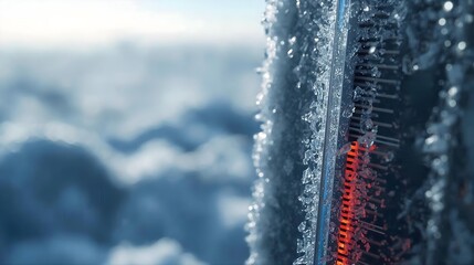 Frost-covered thermometer with vibrant red mercury column in icy blue winter macro shot