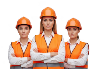 Three determined female construction workers wearing orange hard hats and safety vests standing with arms crossed isolated on transparent background