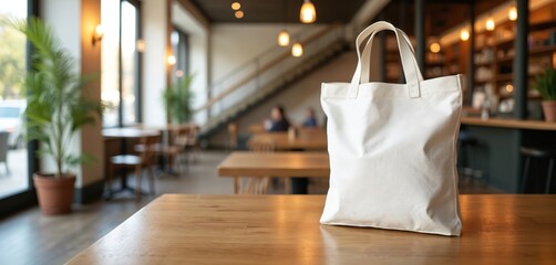 Blank white canvas tote bag rests on wooden table in modern cafe interior. Offers ample space for custom logo or design, ideal for branding, retail. Practical accessory for everyday use, shopping.