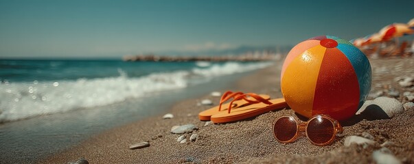 Obraz premium Colorful beach ball with sunglasses and flip-flops by the seaside on sunny day