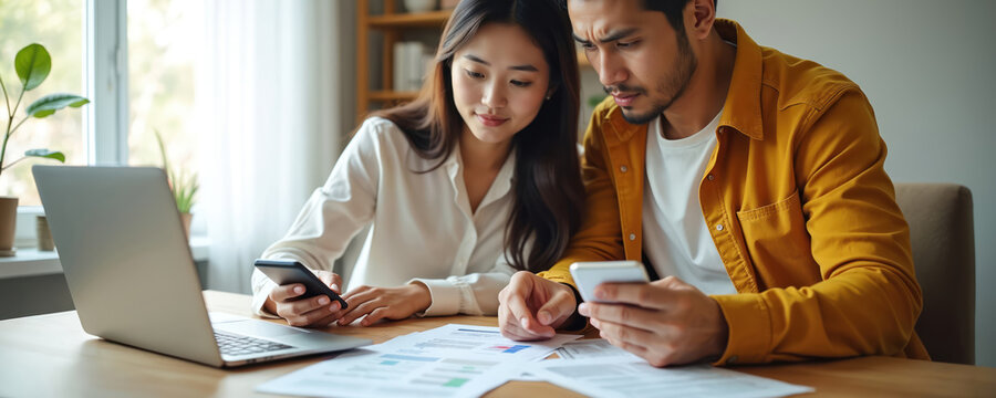 Asian couple analyze financial data at home. Man and woman use phones laptop. Family reviews paperwork bills consider expenses. Stressed spouses worry about debt budget. - Powered by Adobe