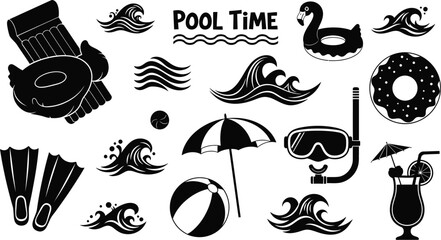 Collection of black and silhouette icons related to pool time, swimming, and summer vacation activities