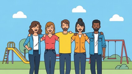 Diverse group of friends embracing in a park with playground in background.