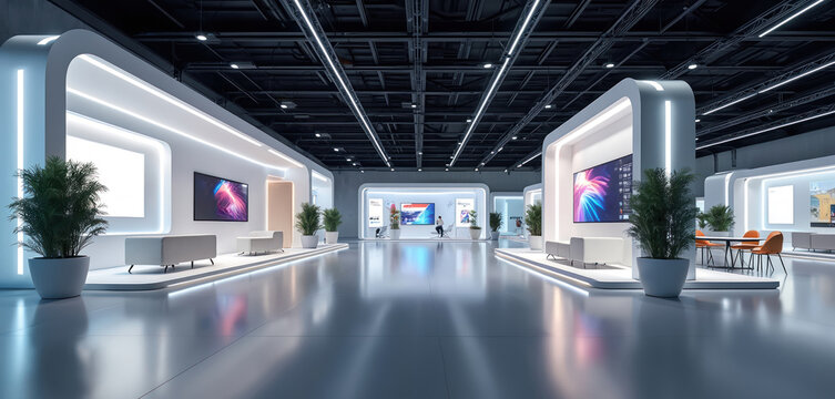Modern interior exhibition hall with sleek white booths and bright digital displays. Plants add green accents to the clean, minimalist exhibition space. People interact at a trade show.