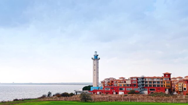 Tower of Aheloy lighthouse adjacent to the colorful residential houses. Bulgarian city located at the coast of the Black Sea.