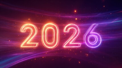 Glowing neon numerals display the upcoming year two thousand twenty six against an abstract energy background