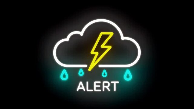 Neon weather alert icon featuring a glowing cloud with a yellow lightning bolt and cyan raindrops above white ALERT text on a dark background, creating a clear warning visual for storms, forecast