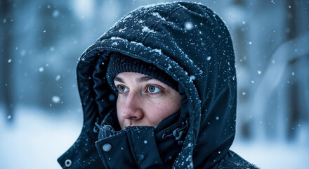 Person in Winter Coat with Hood in Snowy Forest for Outdoor Activity Blogs, Winter Fashion Websites, Cold Weather Awareness, and Personal Style Content