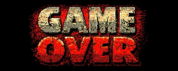 Retro pixel art style text displaying game over in vintage colorful design
