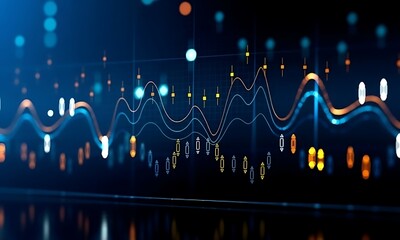 Colorful abstract financial graph with candlestick chart design, glowing lines, and grid background, symbolizing data analysis and market trends, 3D.