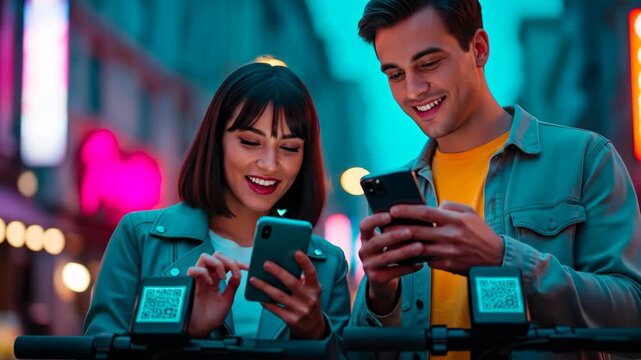 Woman and man smiling while using a mobile phone to scan a qr code on a scooter for payment, a modern city payment concept footage.