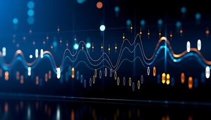 Colorful abstract financial graph with candlestick chart design, glowing lines, and grid background, symbolizing data analysis and market trends, 3D.