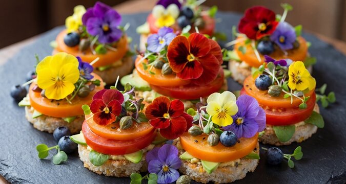 Tasty, beautiful Canapes with avocado paste and edible flowers generative ai	