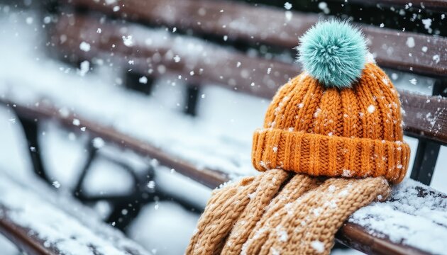 Knitted winter hat with pom-pom rests on a snowy wooden bench during snowfall