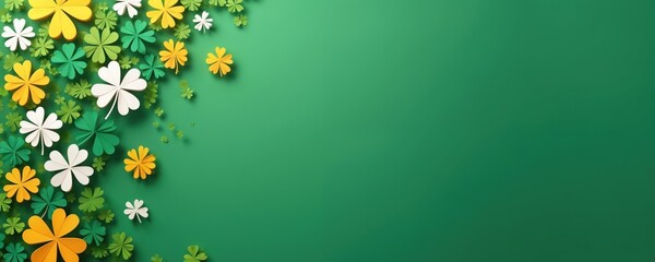 Green St Patricks Day banner with paper clover decorations, yellow white and green shapes arranged on left side. Blank space on right side for custom text and design.