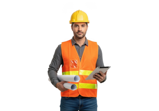 Professional construction worker wearing a yellow hard hat and orange safety vest holding blueprints and a tablet isolated on transparent background