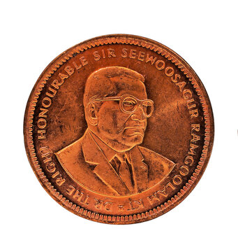 Mauritius coin featuring Sir Seewoosagur Ramgoolam, isolated on a white background.