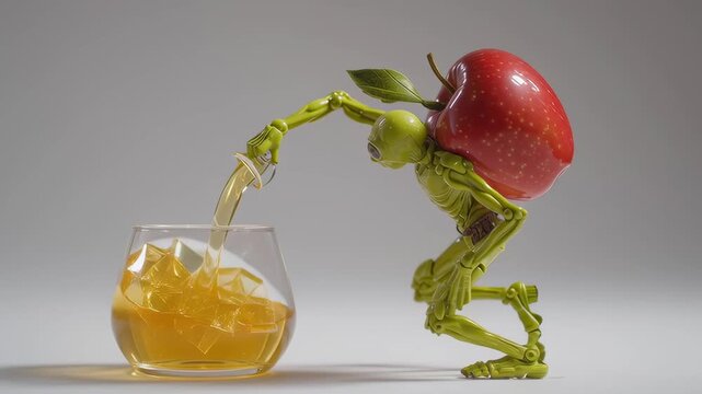 A skeleton is holding an apple and pouring a drink into a glass. The image has a playful and whimsical mood, as the skeleton is depicted as a character interacting with everyday objects
