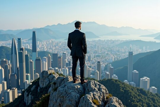 Businessman on a mountain peak overlooking a futuristic cityscape from above.