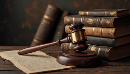 Wooden gavel rests on rich wood table with old paper. Stack of leather bound legal books stands behind. Scene represents justice, law, history, deep legal study. Court proceedings, knowledge,