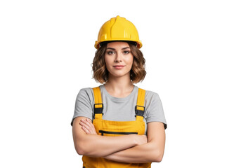 A confident female construction worker wearing a yellow hard hat and overalls stands with arms crossed isolated on transparent background
