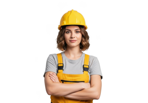 A confident female construction worker wearing a yellow hard hat and overalls stands with arms crossed isolated on transparent background - Powered by Adobe